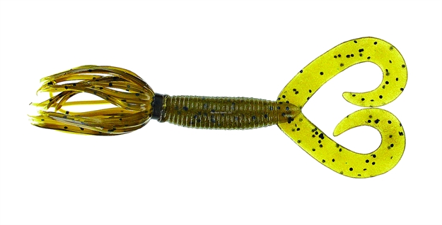 Picture of Yamamoto Double Tail Hula Grub, 4", 10Pk, Green Pumpkin/Black Flake