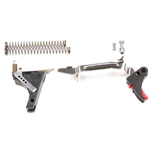 Picture of Zev Technologies Fulcrum Trigger Drop-In Kit. This Trigger Kit Will Work With 9Mm Glock Pistols And Comes With A Black Pad And A Red Safety.