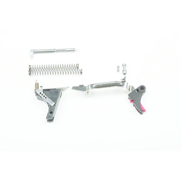 Picture of Zev Technologies Fulcrum Trigger Ultimate Kit. This Trigger Kit Will Work With 9Mm Glock Pistols And Comes With A Black Pad And A Red Safety.