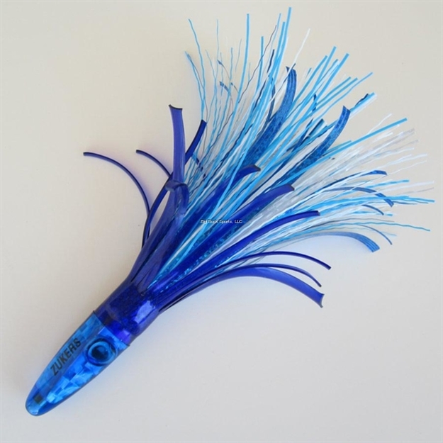 Picture of Zuker Grass Feather Trolling Lure With Mylar, 6", 1 3/4 Oz, Blue & White Grass/Blue Skirt/Blue Head