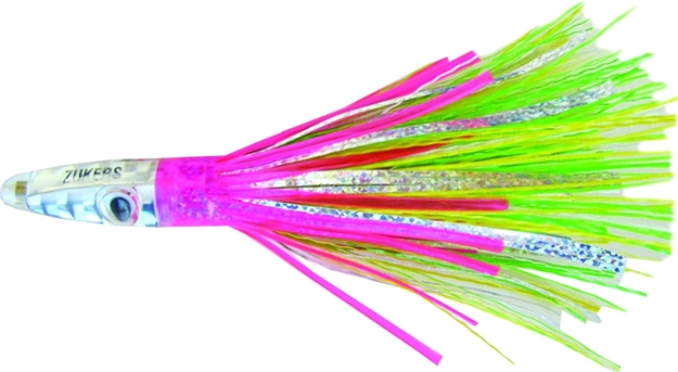 Picture of Zuker Grass Feather Trolling Lure With Mylar, 6", 1 3/4 Oz, Green & Yellow Grass/Pink Skirt/Silver Head