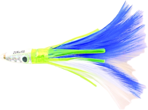 Picture of Zuker Trolling Feather, 6", 1 3/4 Oz, Blue & White Feathers/Silver Head/Lime Skirt