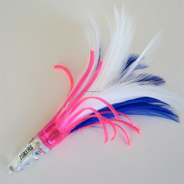 Picture of Zuker Trolling Feather, 6", 1 3/4 Oz, Blue & White Feathers/Silver Head/Pink Skirt