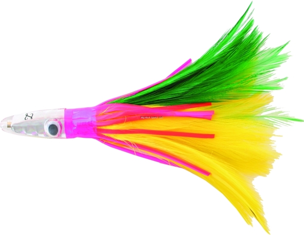 Picture of Zuker Trolling Feather, 6", 1 3/4 Oz, Green & Yellow Feathers/Silver Head/Pink Skirt