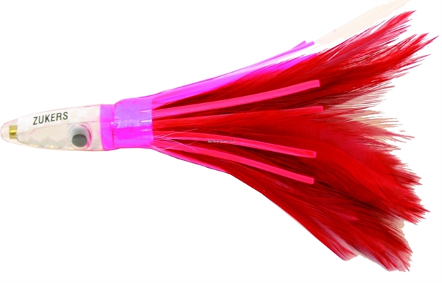 Picture of Zuker Trolling Feather, 6", 1 3/4 Oz, Red & White Feather/Silver Head/Pink Skirt