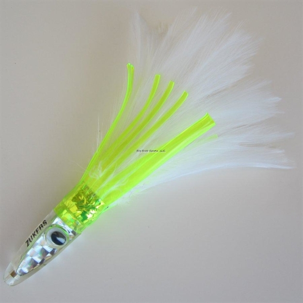 Picture of Zuker Trolling Feather, 6", 1 3/4 Oz, White Feathers/Silver Head/Lime Skirt