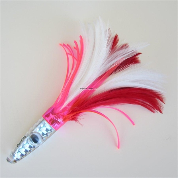 Picture of Zuker Trolling Feather, 8", 3 1/2 Oz, Red & White Feather/Pink Skirt/Silver Head