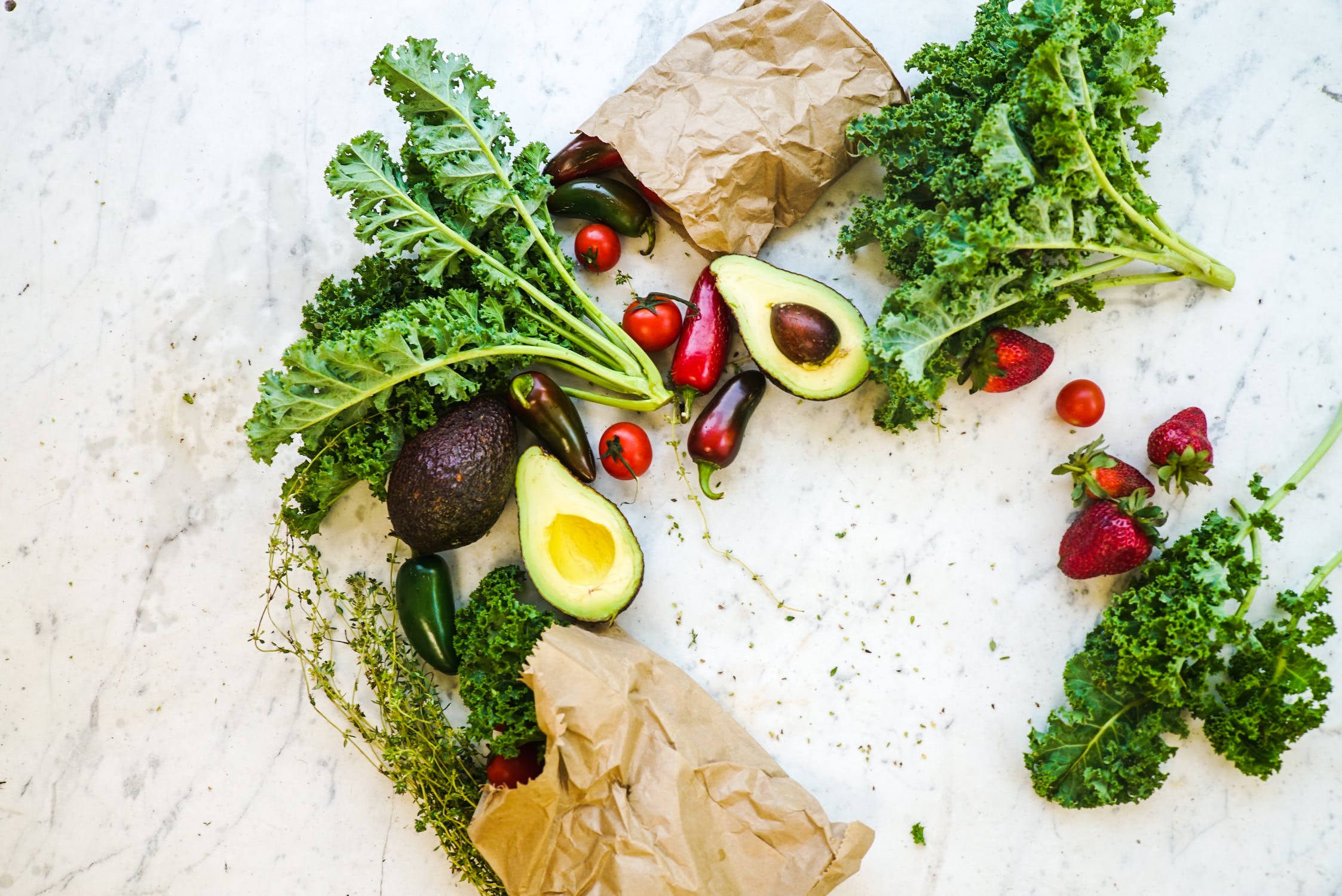 Avocados strawberries herbs pretty kitchen