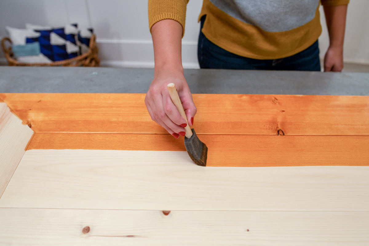 Apply stain in the direction of the wood grain Apply stain in the direction of the wood grain