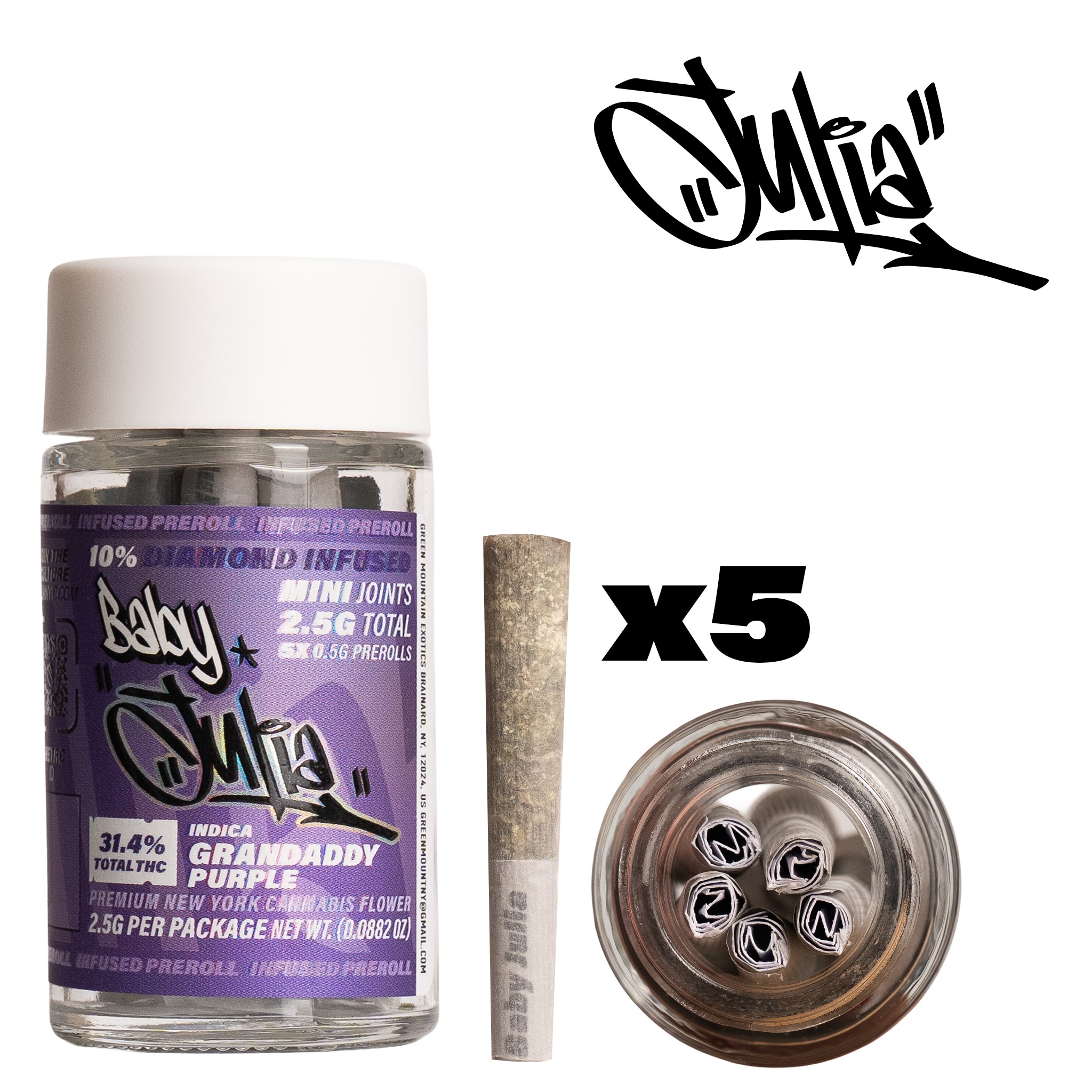Julia | Baby Julia | Infused Prerolls | Diamond Infused | Granddaddy Purple | 0.5g | 5 Pack | 2.5g | Indica | THC 31.4%