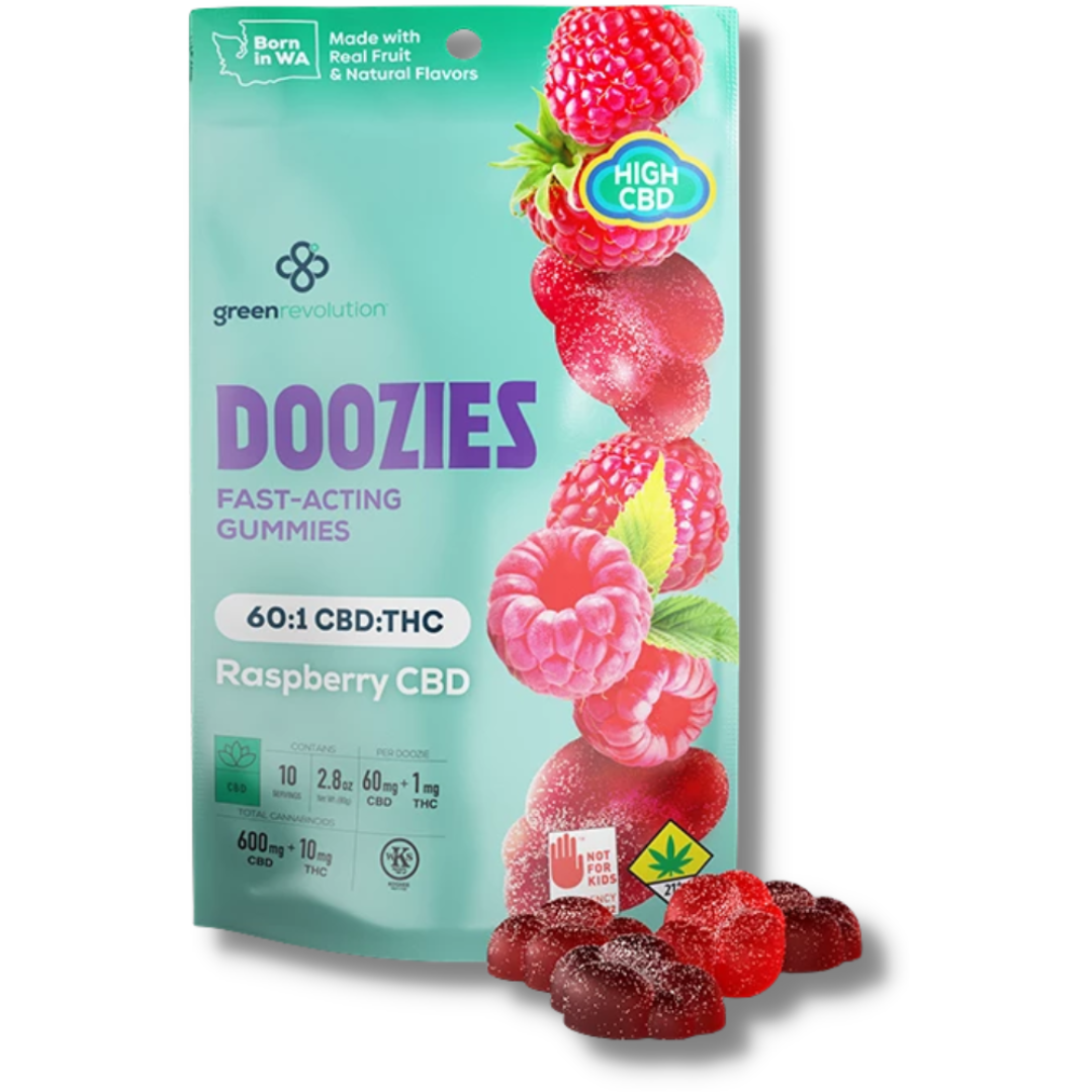 Raspberry 60:1 CBD:THC 10pc Fast-Acting Gummies (Doozies)