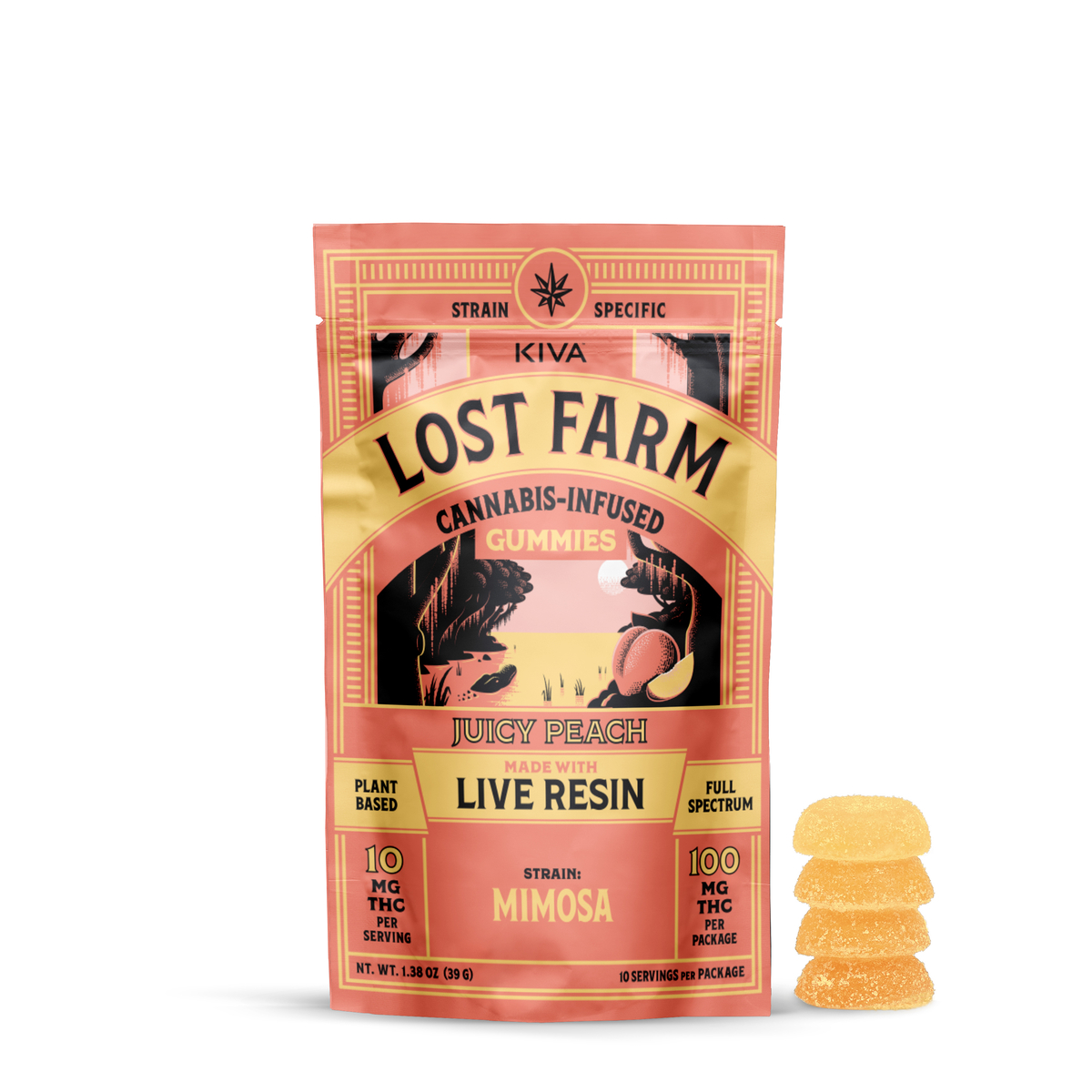 Gummies | 10pk | Sativa-Hybrid | Mimosa | Juicy Peach | Full Spectrum Live Resin | Plant Based | 100mg