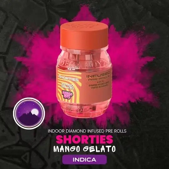 Shorties | Preroll | 4pk | Indica | Mango Gelato | Diamond Infused and Coated | Ceramic Tip | 2.8g