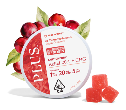 PLUS Tart Cherry Relief Solventless Rosin Gummies 20:1 20Pk x 1mg THC + 20mg CBD + 5mg CBG