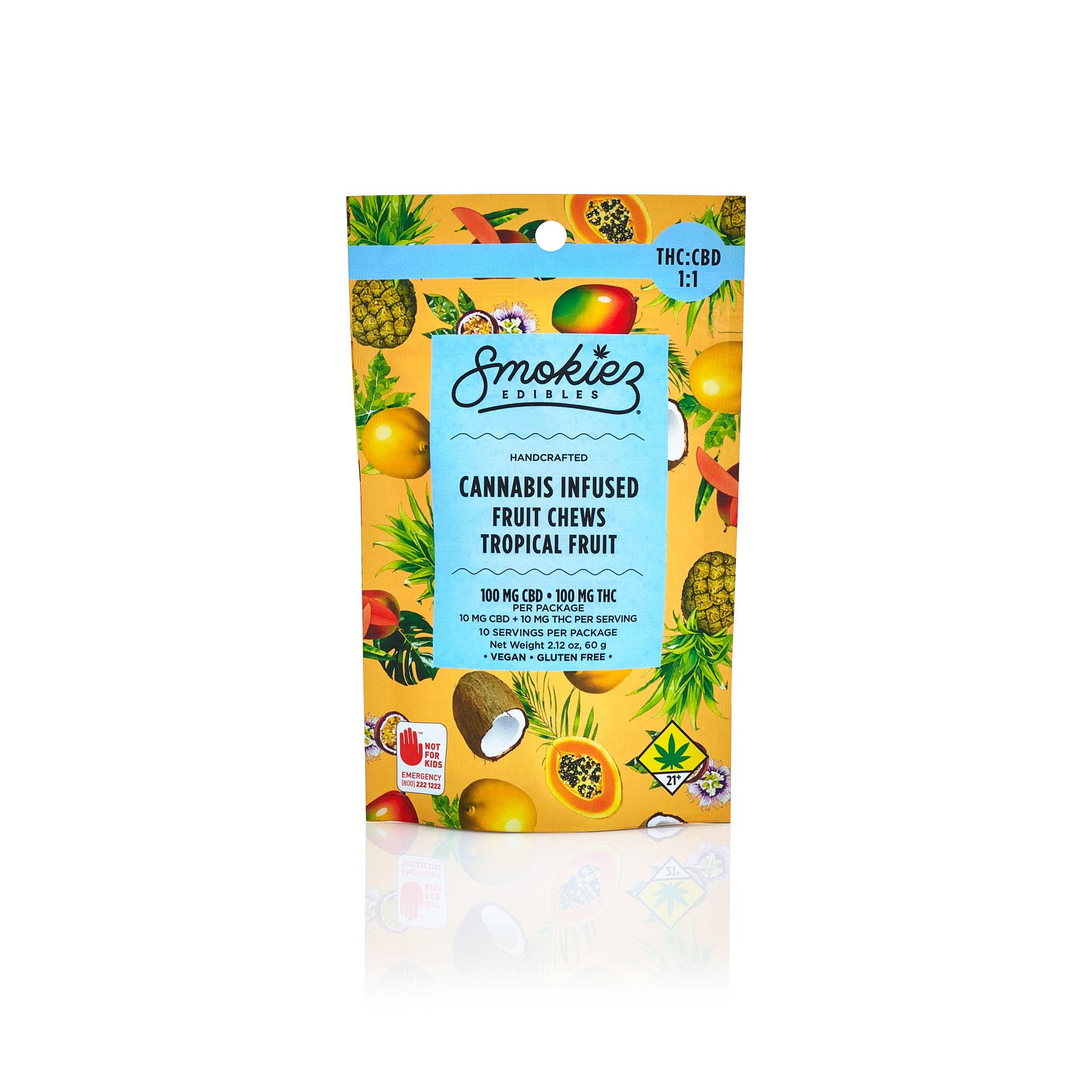 CBD:THC 1:1 Tropical 100mg CBD:100mg THC Fruit Chews