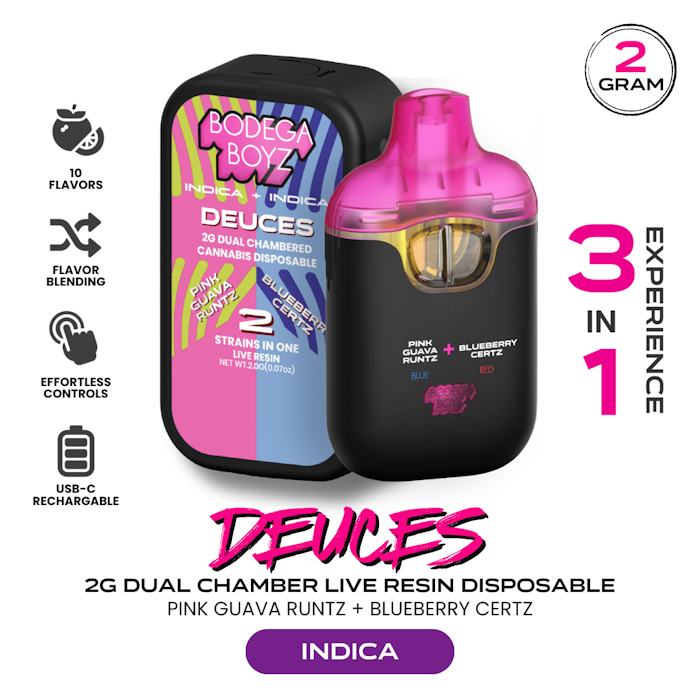 Bodega Boyz | Pink Guava Runtz x Blueberry Certz | 2g Live Resin | Duel Chamber AIO | Deuces | Indica x Indica