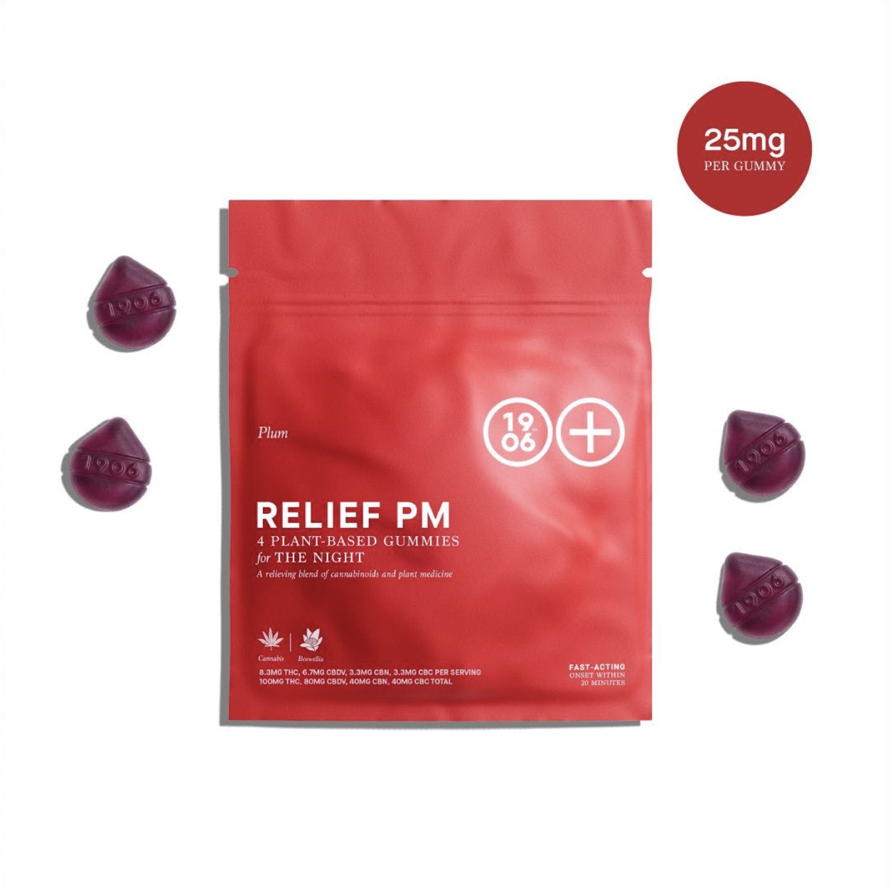 Gummies | 4pk | Relief PM | The Night | Plum | Fast Acting | Plant Based | 100mg THC : 80mg CBDV : 40mg CBC : 40mg CBN + Boswellia
