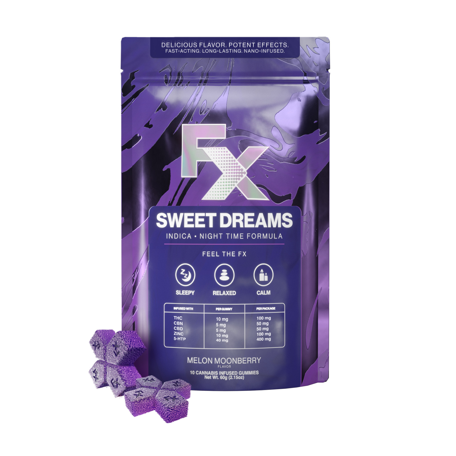 Gummies | 10pk | Indica | Sweet Dreams | Melon Moonberry | Night Time | Fast Acting | Long Lasting | 100mg THC : 50mg CBD : 50mg CBN : 100mg Zinc : 400mg 5-HTP