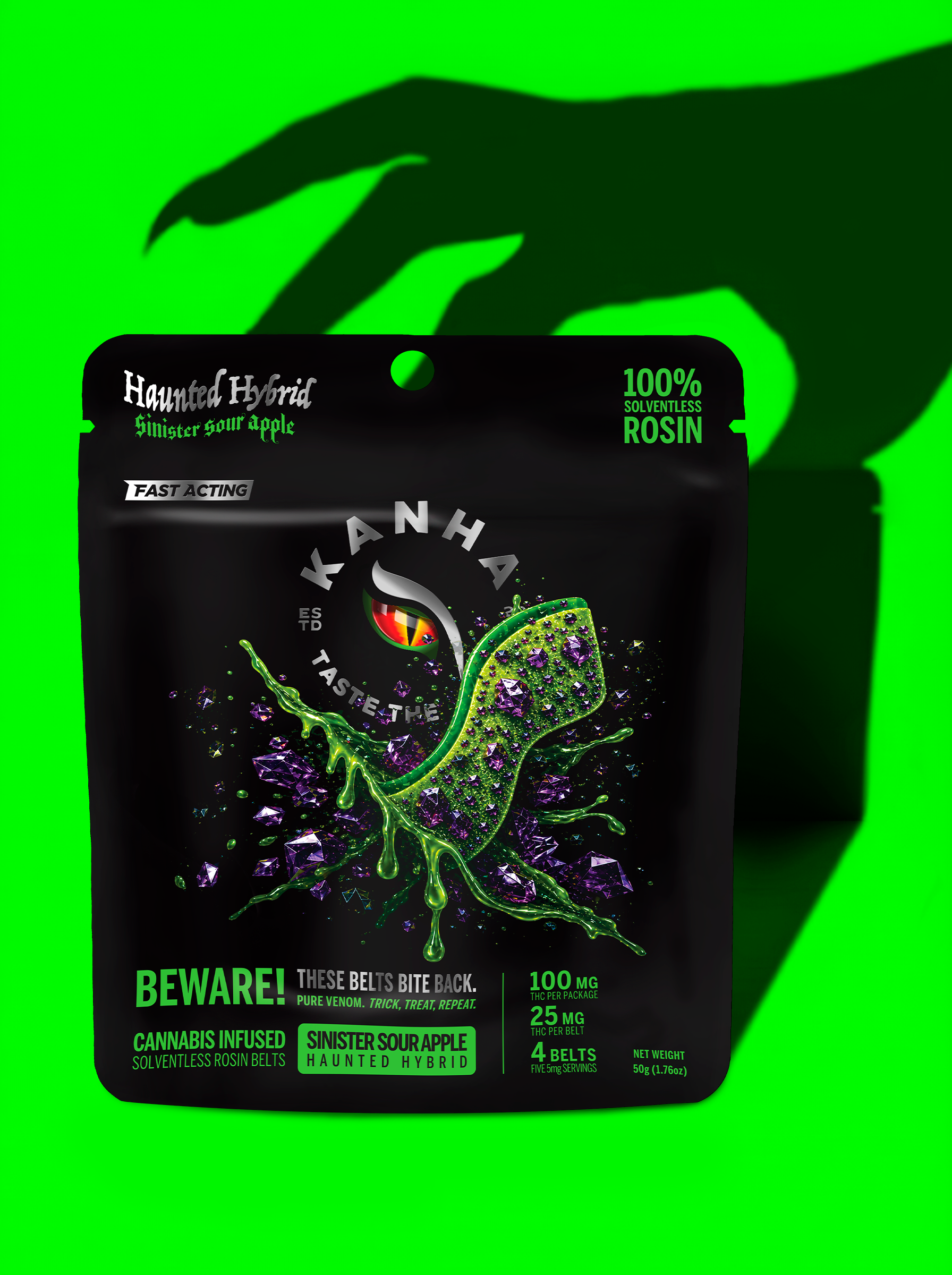 Solventless Crunchy Belts | Sinister Sour Apple | 100mg | 4ct | 25mg/ea