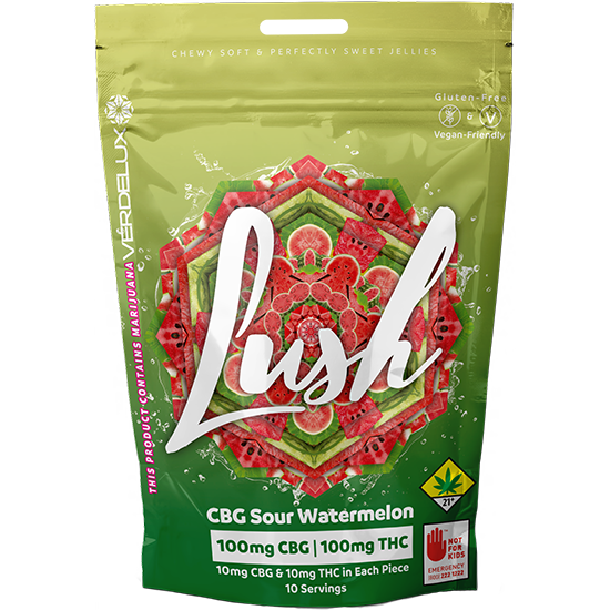 Lush Sour Watermelon 1:1 Soft Jelly Chews Gummies 10-Pack Edibles Verdelux | 100mg THC 100mg CBG