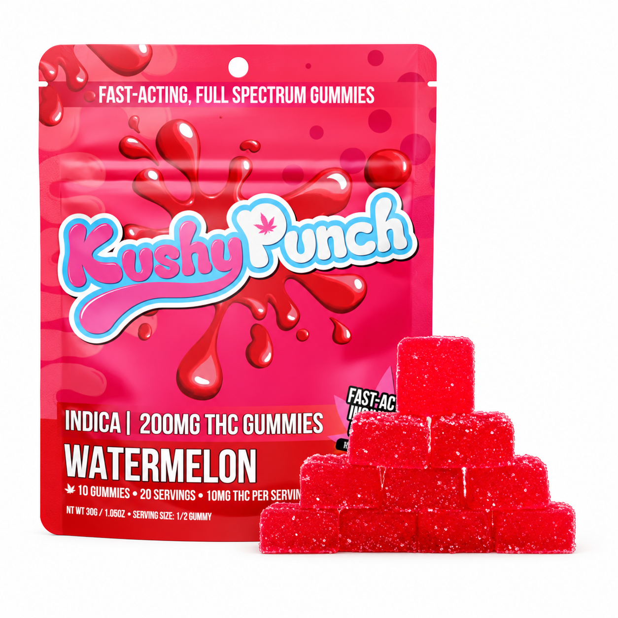 KUSHY PUNCH - WATERMELON GUMMIES 10PK 100MG - INDICA