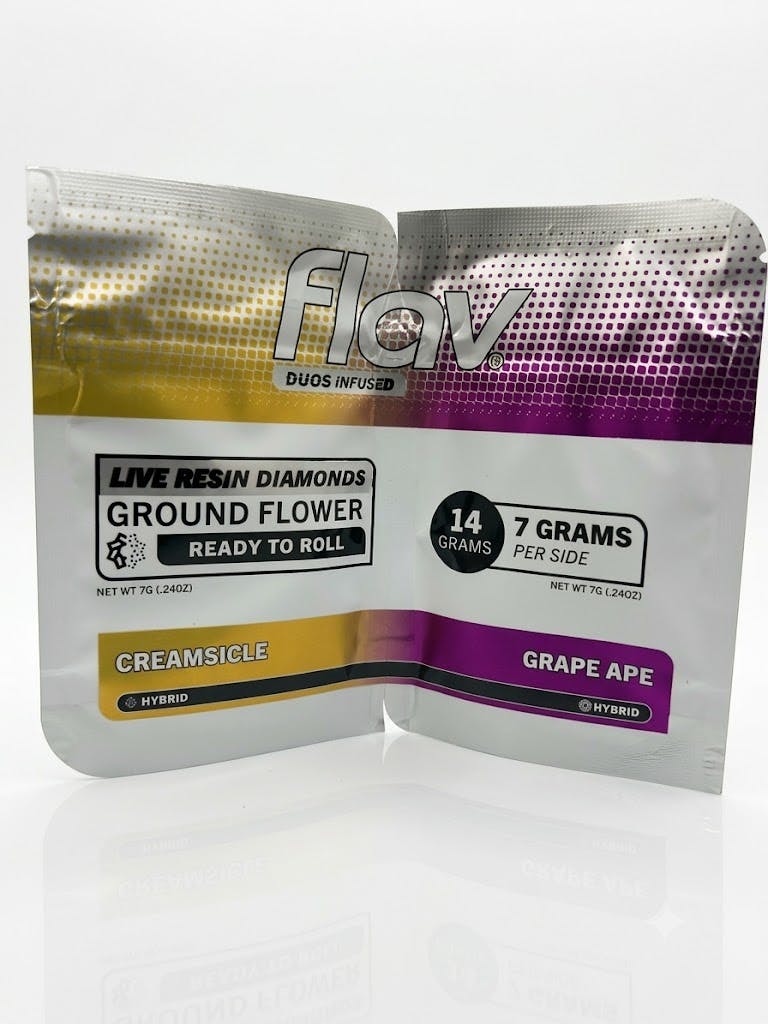 Flav Duos Live Resin Infused Ground Flower Creamsicle (Hybrid) X Grape Ape (Indica)