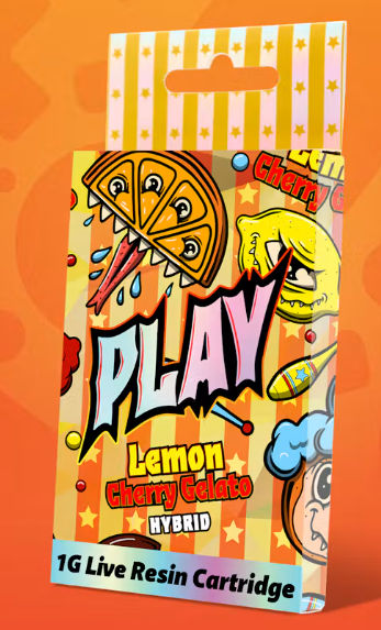 PLAY | Lemon Cherry Gelato | Hash Infused Distillate Vape Cart | 1g | Hybrid