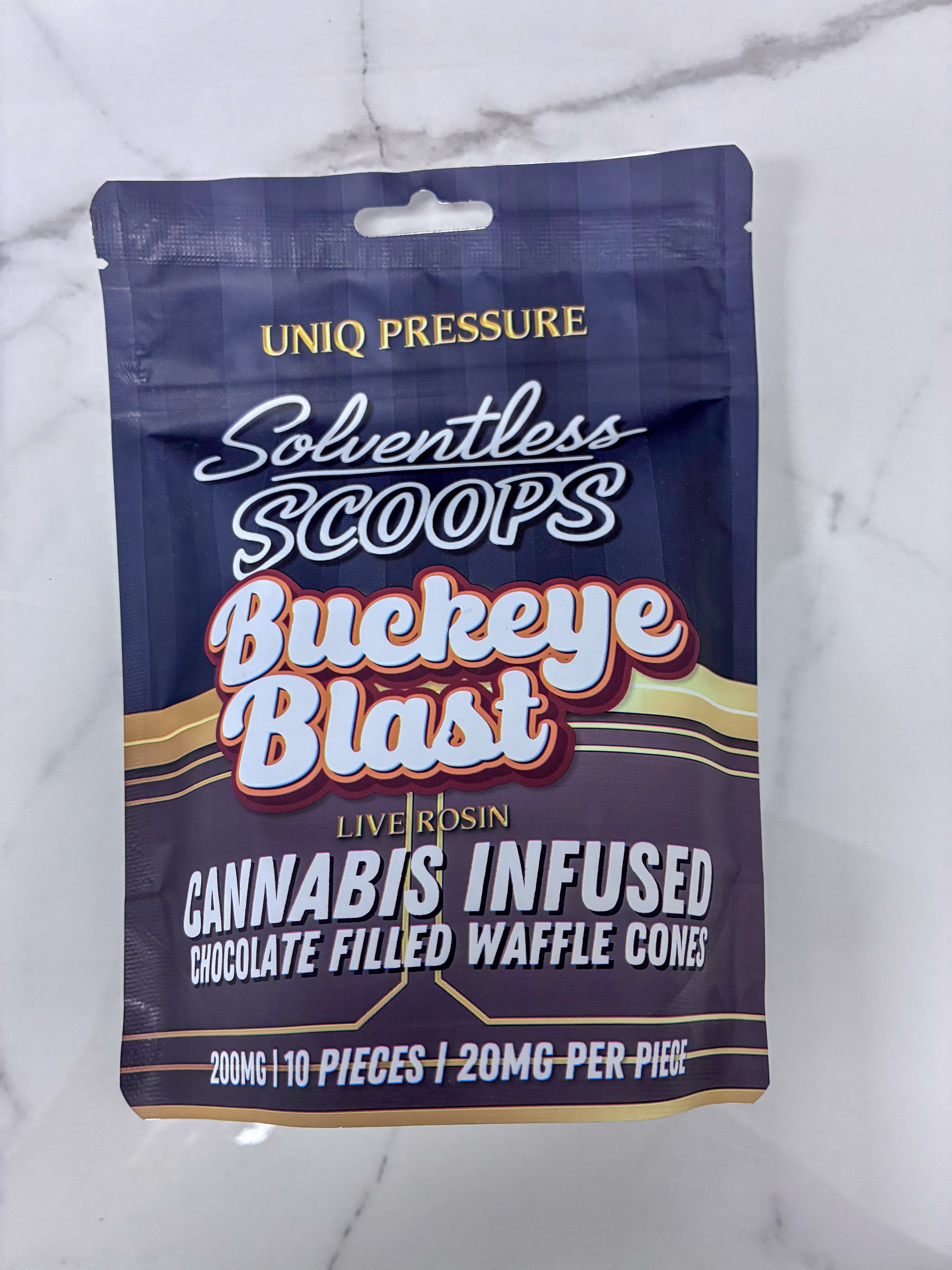 Edibles | Solventless Scoops | Rosin Waffle Cones | Buckeye Blast | 200mg | Uniq Pressure