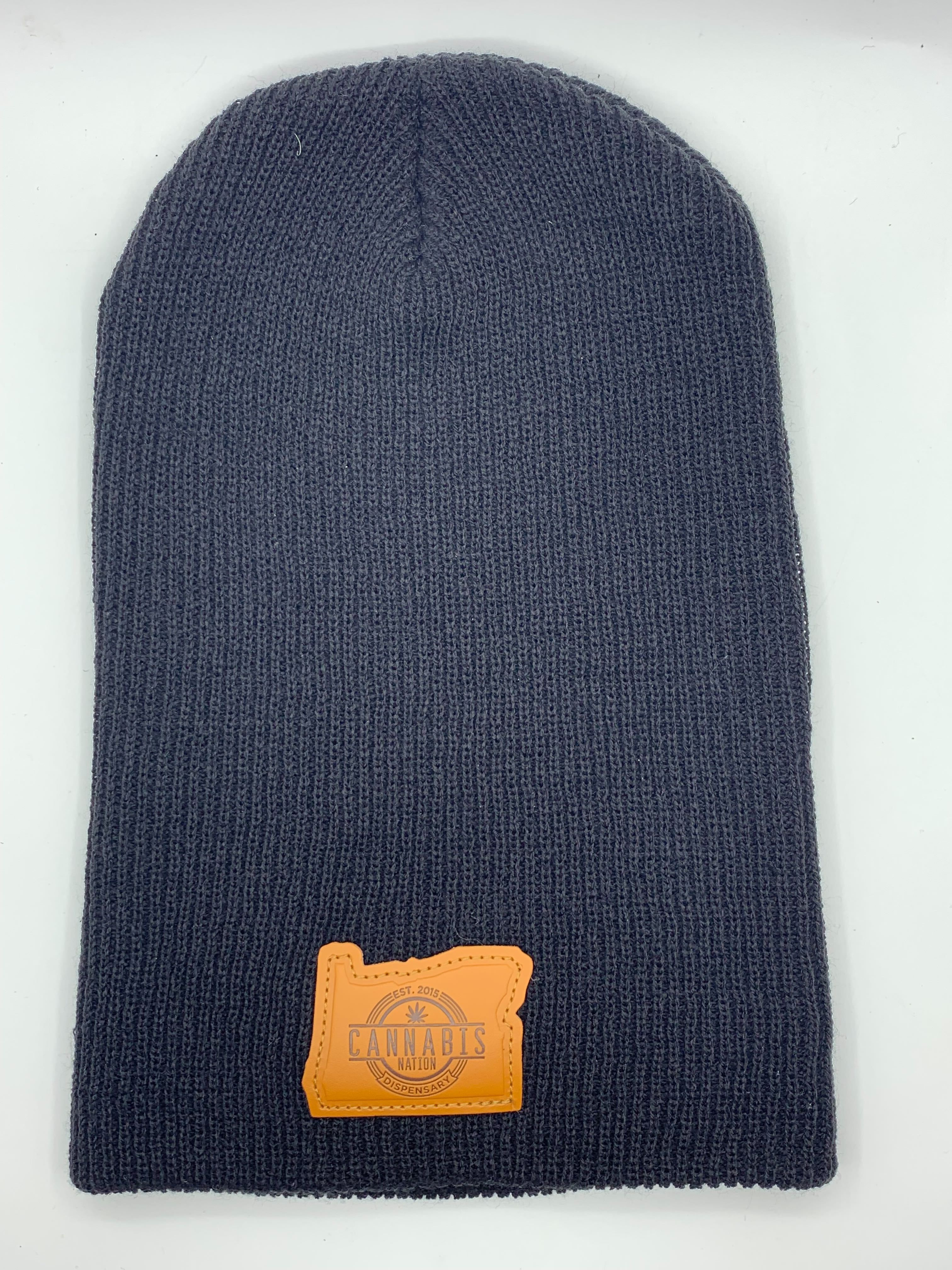 Apparel | Cannabis Nation | Black Beanie w/ Leather Patch