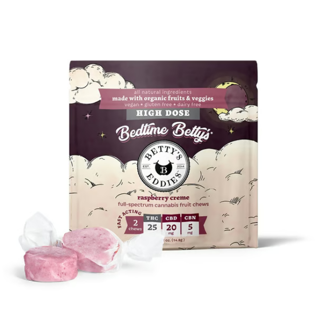 Bedtime Betty's - Raspberry Creme - THC:CBD:CBN - High Dose - Fruit Chews - 50mg (2pk)