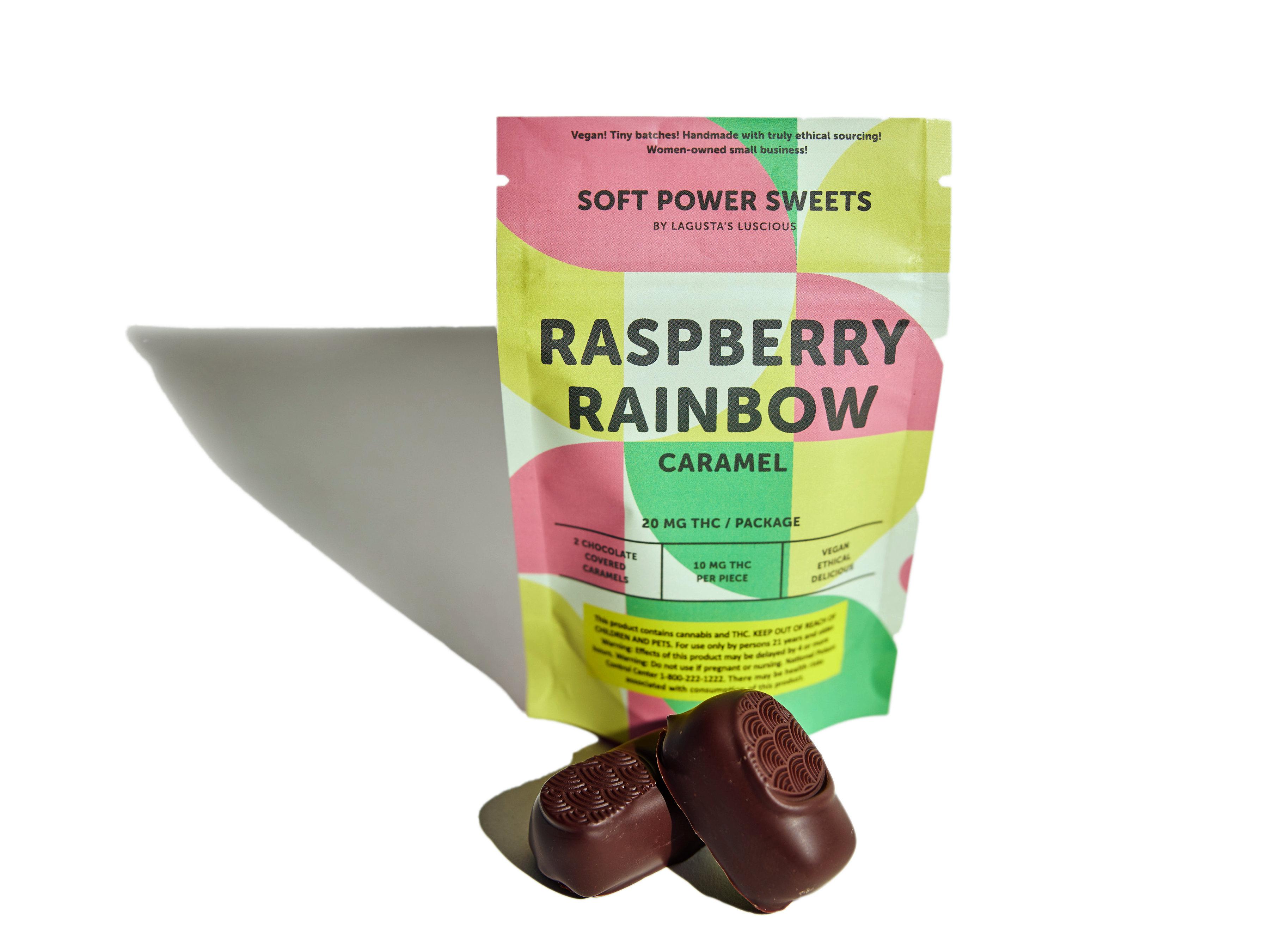 Raspberry Rainbow chocolate covered caramel w Almond - 20mg/unit