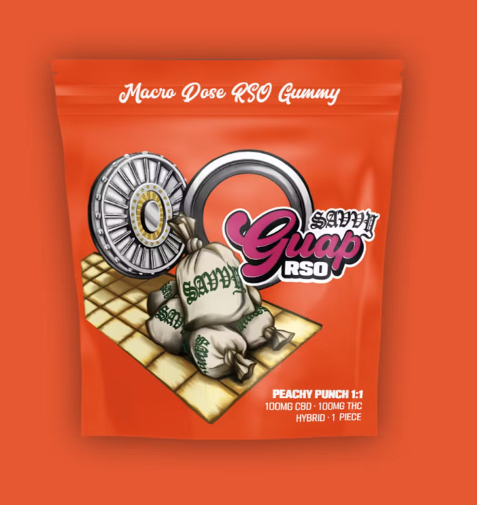 100mg - 1 Pack - Edibles - 1:1 CBD:THC - Peachy Punch RSO - Savvy Guap Gummy - REC