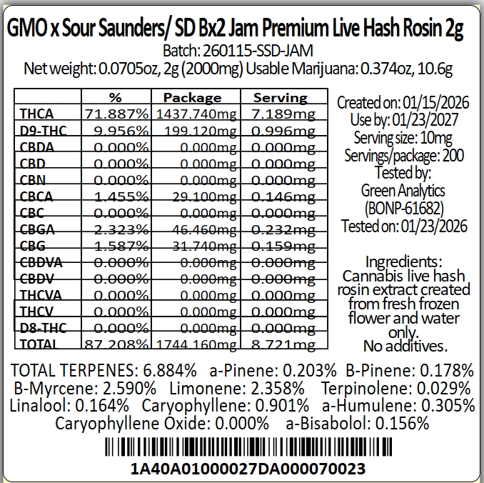 GMO x Sour Saunders/ SD Bx2 Jam Premium Live Hash Rosin 2g
