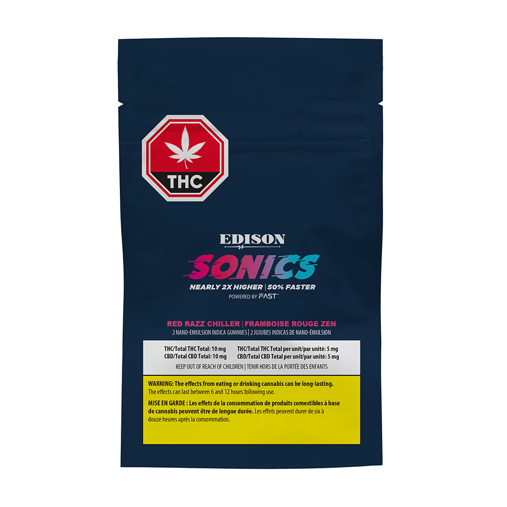 EDISON - Sonics Red Razz Chiller 1:1 CBD / THC Nano x 2 Soft Chews