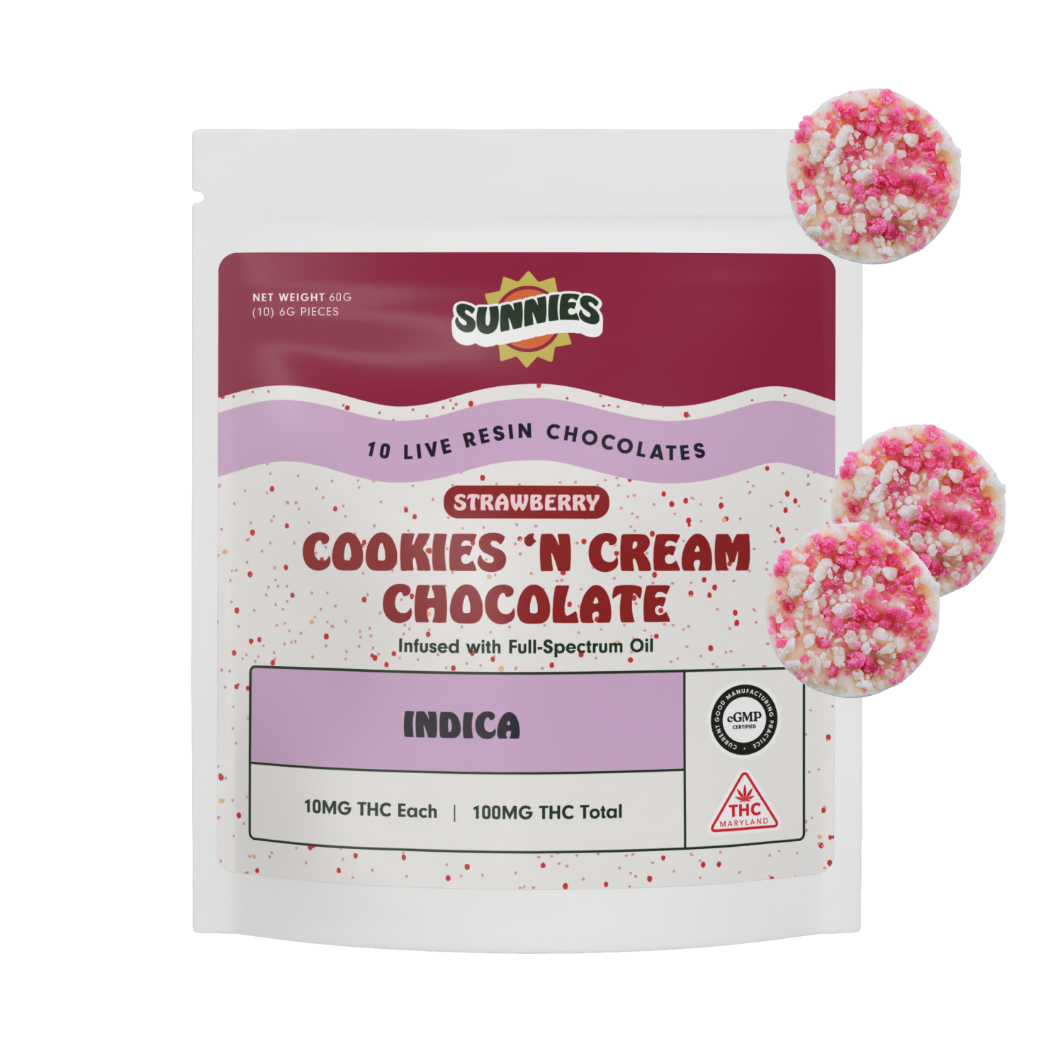 SUNNIES Live Resin 100mg: Strawberry Cookies N' Cream Chocolate Indica 10pk
