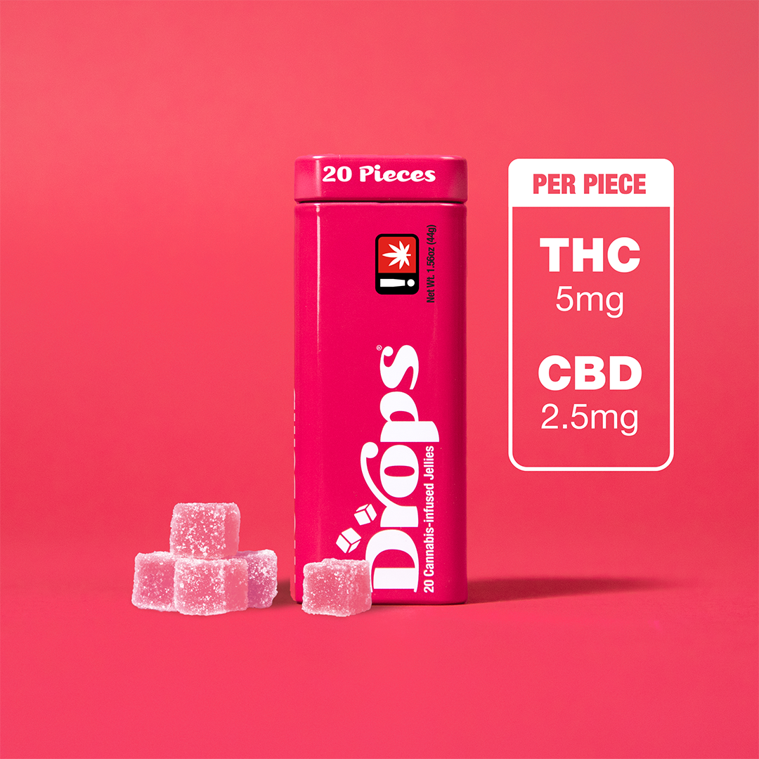 Drops | 20 Piece | Raspberry (Rosy) 1:2 THC Jellies | 50mg:100mg