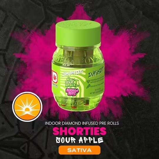 Shorties | Preroll | 4pk | Sativa-Hybrid | Sour Apple | Diamond Infused and Coated | Ceramic Tip | 2.8g