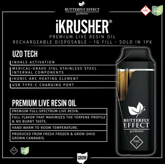 Butterfly Effect By Grow Ohio Ikrusher Disposable Vape Indica