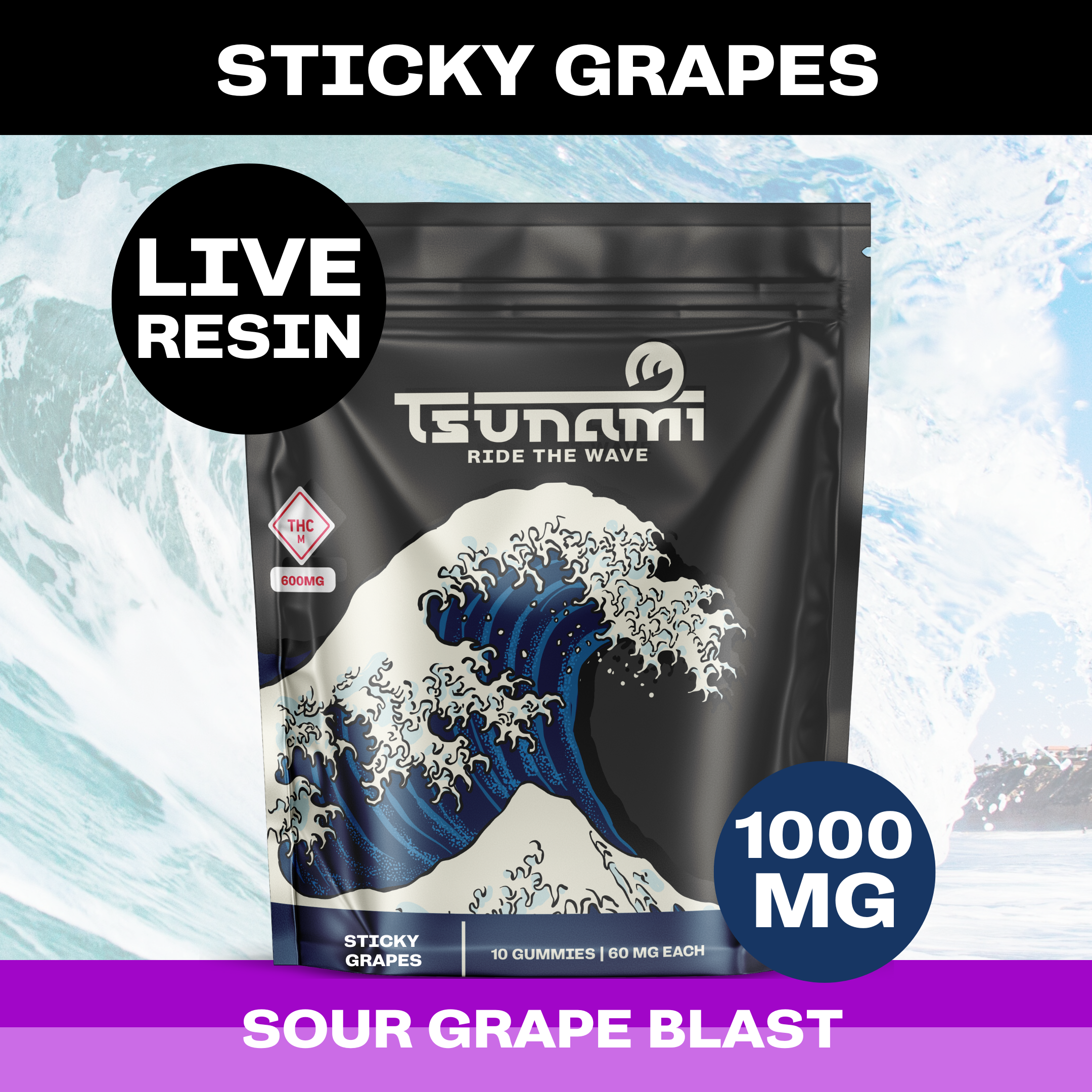 Tsunami Live Resin Gummies | Sticky Grapes | 1000mg | 10pk