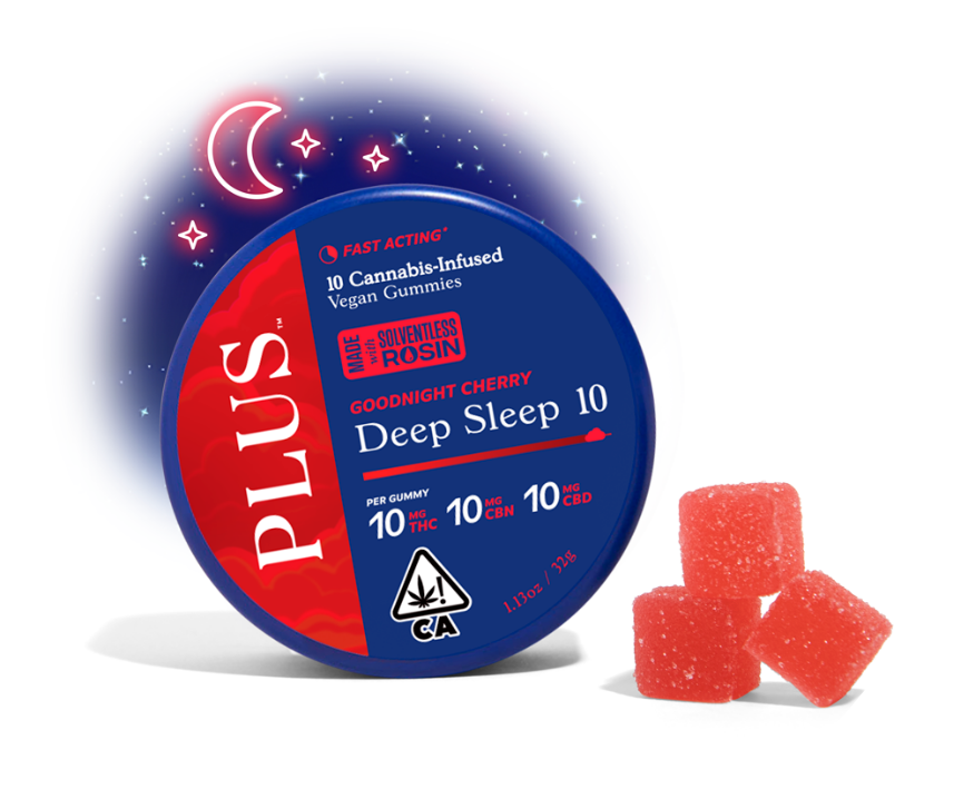 PLUS Sleep Goodnight Cherry 10Pk x 10mg THC + 10mg CBN + 10mg CBD Solventless Rosin Gummies 100mg