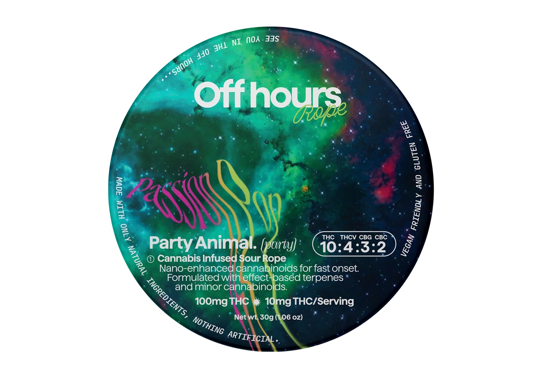 Off Hours Rope Party Animal Passion Pop Party 10:4:3:2 THC:THCV:CBG:CBC 10pk 10mg Sour Rope Gummies
