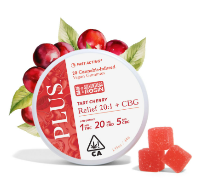 PLUS Tart Cherry Relief Solventless Rosin Gummies 20:1 20Pk x 1mg THC + 20mg CBD + 5mg CBG