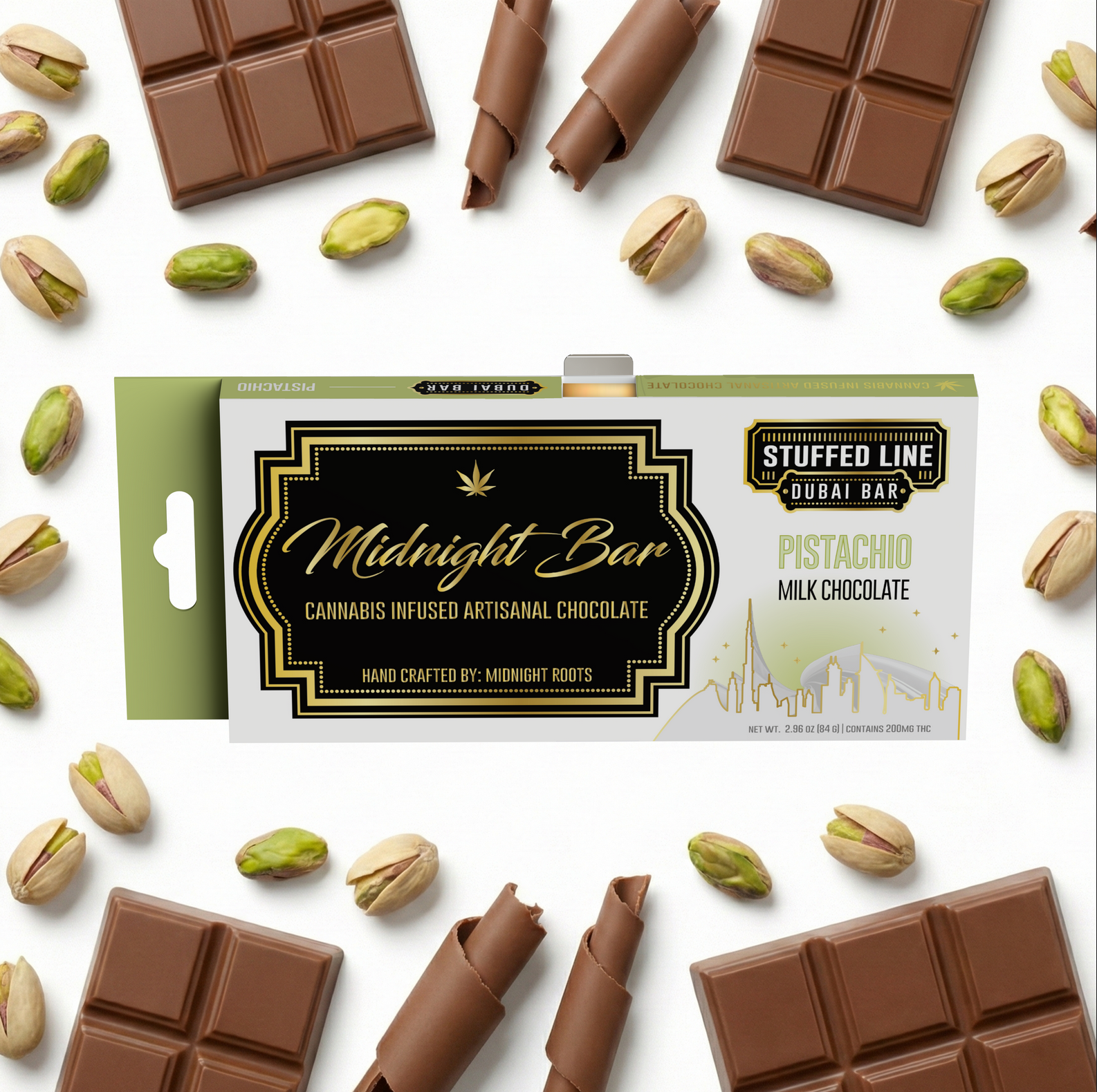 Midnight Roots | Milk and White Chocolate Dubai Bar- Pistachio 200mg Stuffed Line-Chocolate Bar