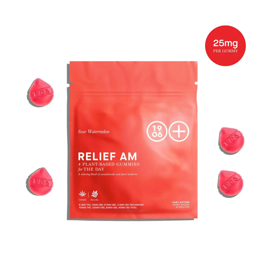 Gummies | 4pk | Relief AM | The Day | Sour Watermelon | Fast Acting | Plant Based | 100mg THC : 120mg CBD : 40mg CBC : 80mg CBG + Boswellia