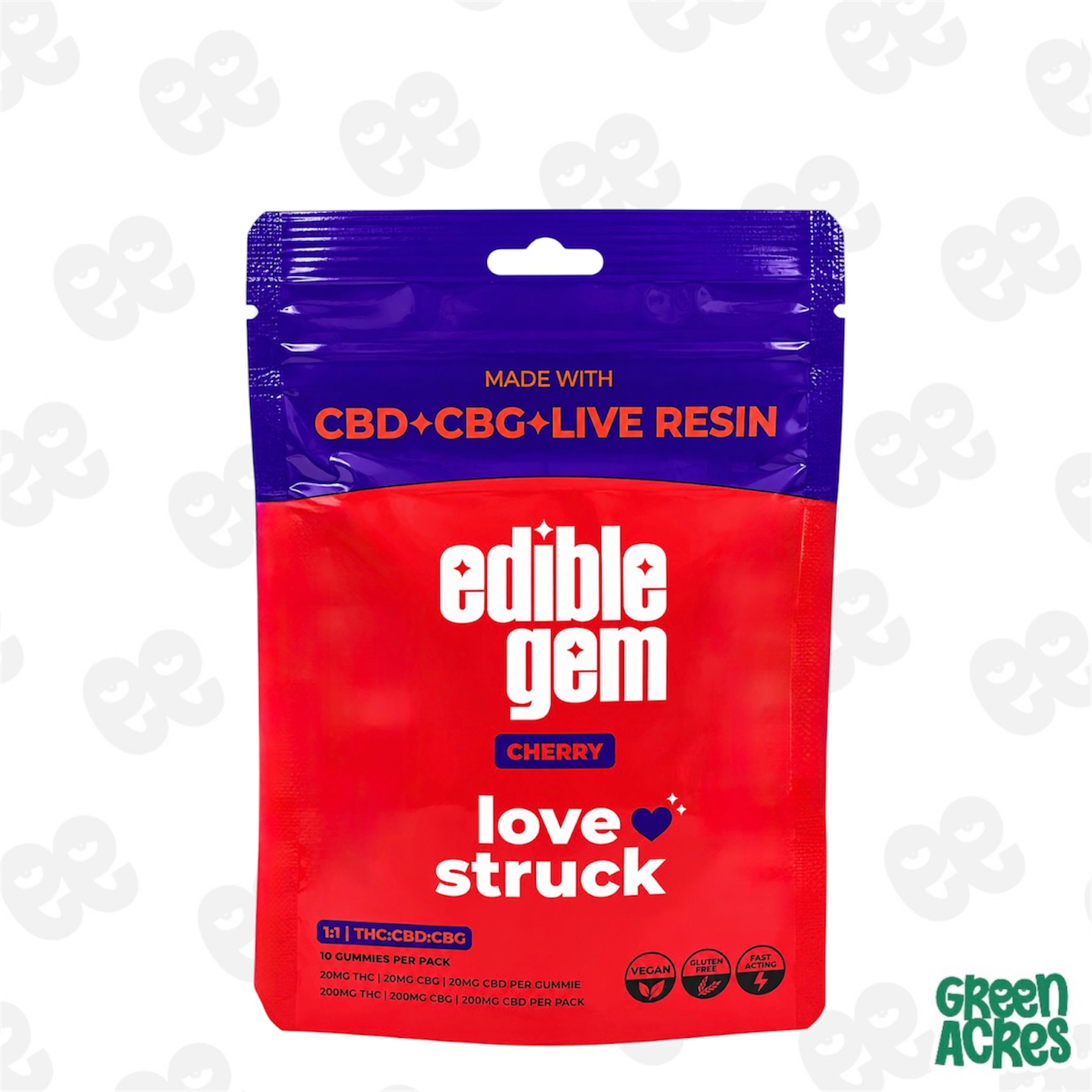 Edible Gem: Cherry 200MG Live Resin Core 1:1 THC:CBG (10x20mg)