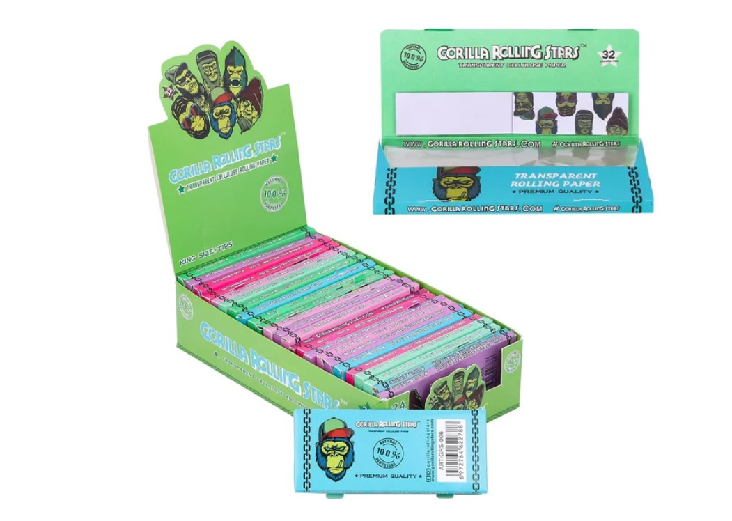 Gorilla Rolling Stars w/tips Cellulose Rolling Papers- 1 1/4