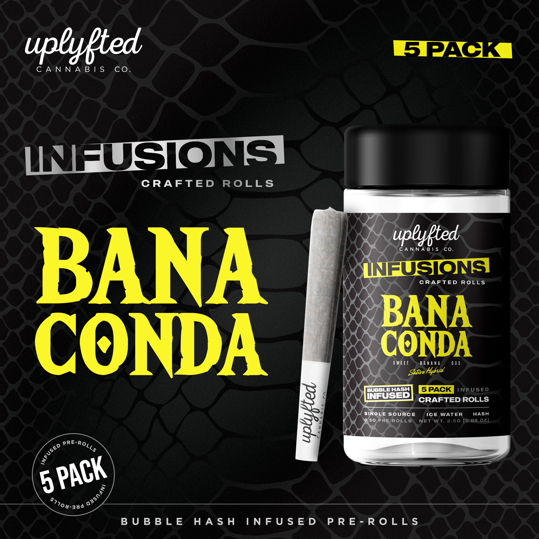 Uplyfted | Bananaconda | Bubble Hash Infused Pre-Roll 5 Pack