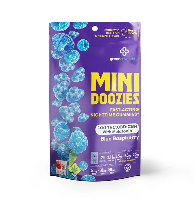 Green Revolution - Nighttime Blue Raspberry Doozies 1:1: THC:CBD:CBN Gummies 10pk - 100mg