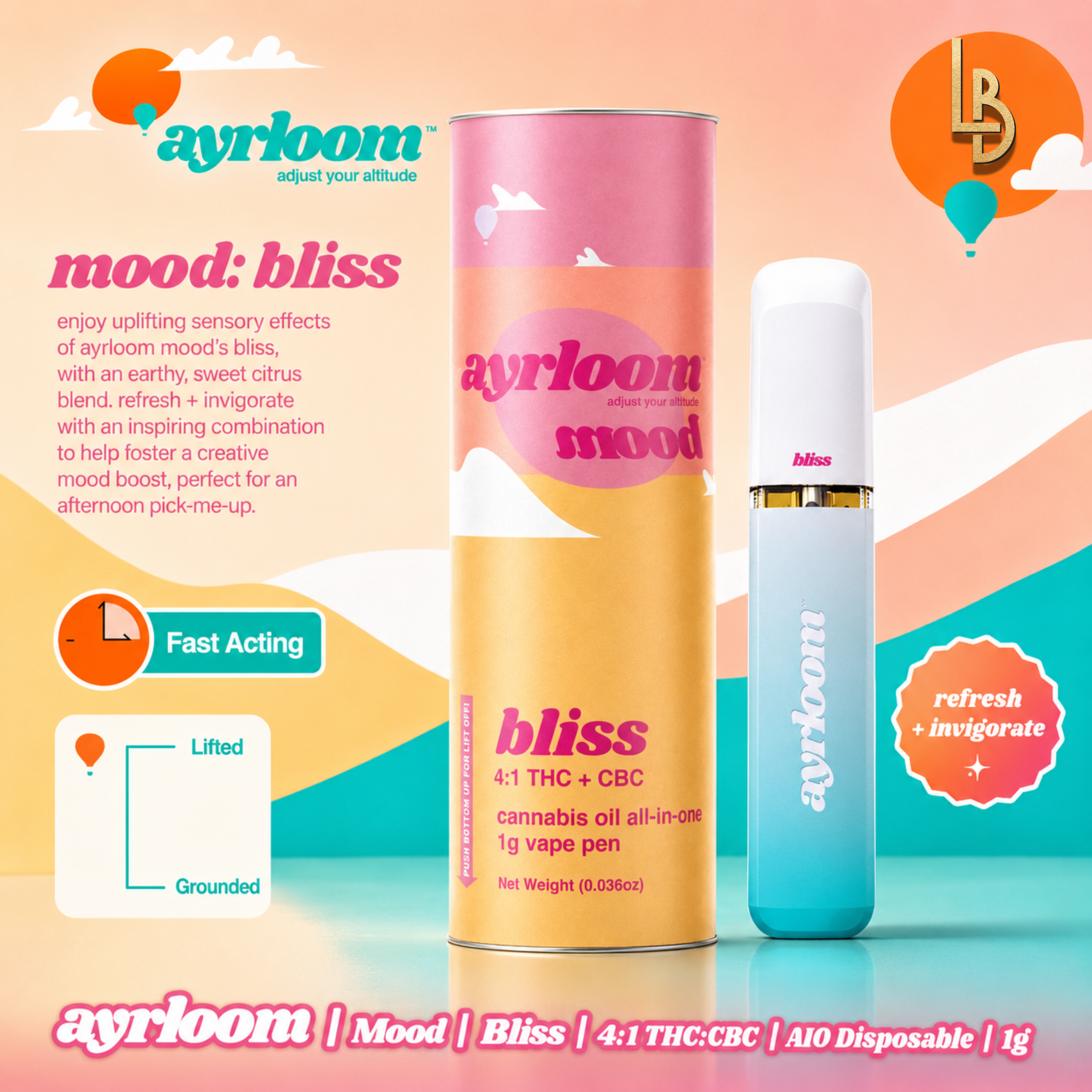 Ayrloom | Mood | Bliss | 4:1 THC:CBC | AIO Disposable | 1g