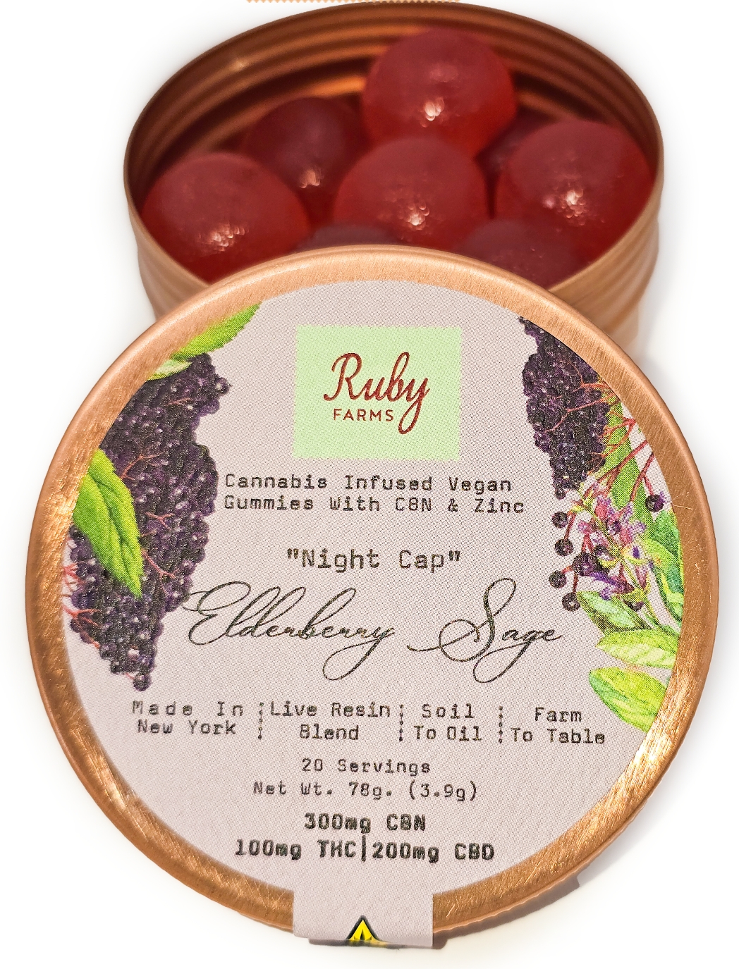 Ruby Farms | Live Resin Blend 20ct Gummies | "Night Cap" Elderberry Sage | Hindu Kush